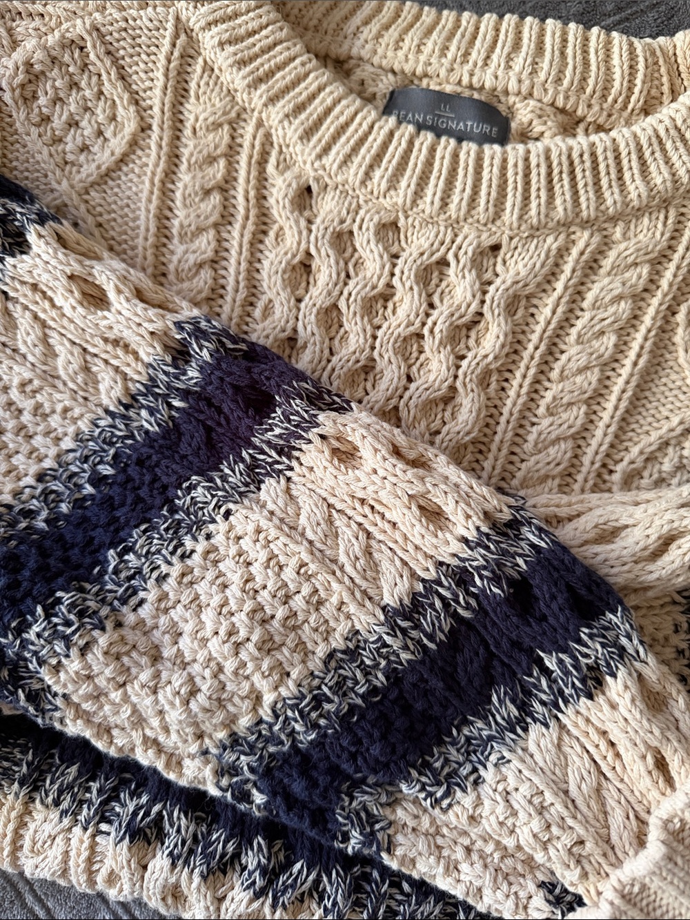 L.L. Bean Signature Cotton Fisherman Cable Knit Sweater Cream Navy Stripe Large - Picture 11 of 12